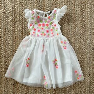 Flutter sleeve floral dress with tulle overlay